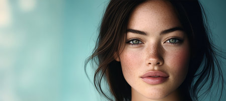 Close Up Of Beautiful Young Freckled Woman With Fresh Clean Skin Against An Aqua Blue Backgroundの素材