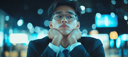 Pensive Young Businessman in Glasses Contemplating in City with Bokeh Lights at Nightの素材