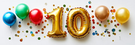 Golden Number 10 Balloons with Colorful Confetti, Celebrating a Tenth Birthday or Anniversaryの素材