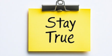 Stay True Written On Yellow Sticky Note Clipped On White Background, Motivation Conceptの素材