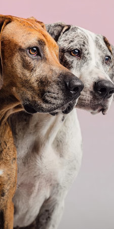 Two Adorable Dogs, a Rhodesian Ridgeback and a Great Dane Crossbreed, Pose Together on Pinkの素材