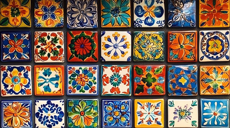 Vibrant Collection of Traditional Mexican Talavera Tiles, Colorful Ceramic Backgroundの素材