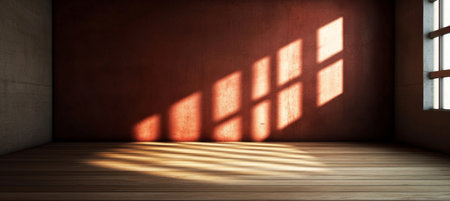 Sunlight Streaming Through Window into a Sparse Room with Wooden Floor and Brown Wallsの素材
