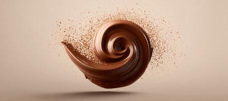 A Majestic Swirling Chocolate River Flowing Through Lush Green Hills Under a Bright Blue Skyの素材