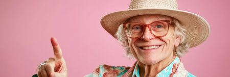 Portrait Of Stylish Senior Man With Straw Hat Pointing Finger To Side on Pastel Pink Backgroundの素材