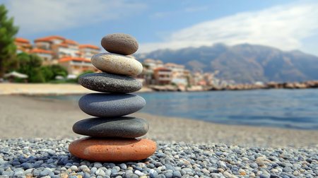Balanced Stacks of Smooth Stones by the Serene Blue Sea, Symbolizing Harmony and Inner Peaceの素材