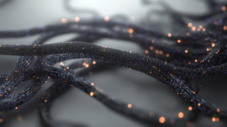 Intricate Interconnected Digital Data Network Illustration with Flowing Cables and Systemsの素材