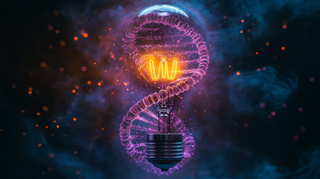 Biotechnology Concept with Light Bulb, Double Helix, and Genetic Code Symbolizing Innovationの素材