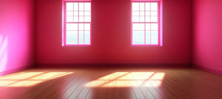 Serene Bright Minimalist Pink Room Bathed in Warm Sunlight with Wooden Floor and Window Viewの素材
