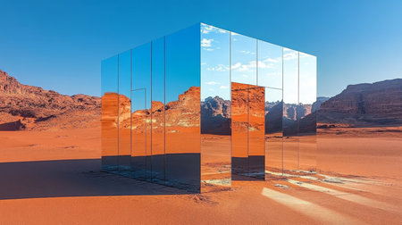Reflective Mirage A Mirrored Cube Structure Blends Seamlessly with a Barren Desert Landscape.の素材