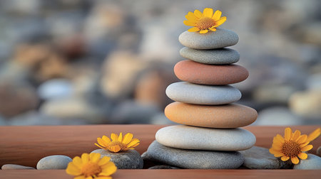 Balancing Stones Surrounded by Yellow Flowers in a Serene Zen Garden for Meditation and Harmonyの素材