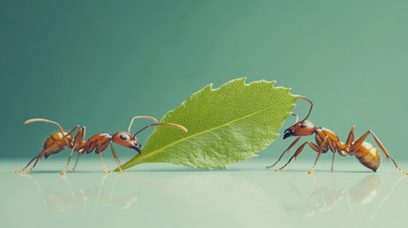 A Stunning Macro Image of Two Ants Collaboratively Carrying a Green Leaf on a Soft Pastel Surfaceの素材