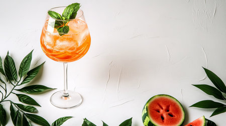 Refreshing Summer Cocktail with Watermelon and Ice, Styled with Tropical Leaves on White Backgroundの素材