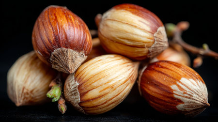 Close-Up of Fresh Hazelnuts with Branches Golden Brown and Textured Against a Dark Backgroundの素材