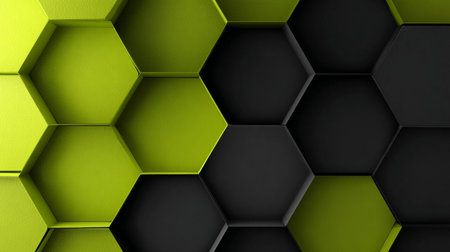 Elegant Black and Shades of Green Hexagons Mosaic, Geometric Shapes Decorative Ornament Backgroundの素材