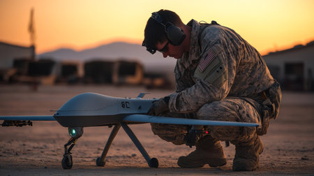 US Armed Forces Soldier Evaluating Advanced Robotic Army Drone During Sunset for Security Purposesの素材