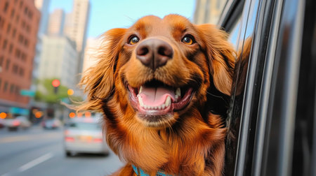 Joyful Dog Leaning Out of Car Window, Embracing the Breeze and Adventure on a Sunny Day Driveの素材