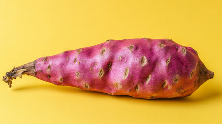 Vibrant Sweet Potato, Isolated on Yellow, Earthy Orange Tones, Rough Skin, Organic Produceの素材