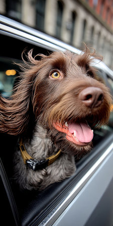 A joyful brown dog enjoying an adventurous car ride with its head out the window on a sunny dayの素材
