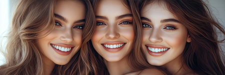 Three Beautiful Women With Perfect Smile Posing Together. Beauty, Cosmetics, And Skincare Concept.の素材