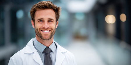 Portrait Of A Confident Male Doctor Smiling In A Modern Hospital Corridor, Healthcare And Medicineの素材