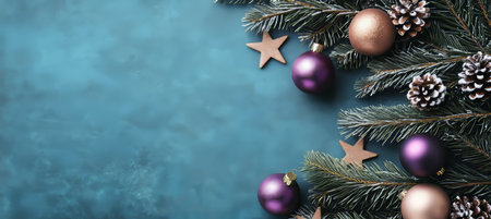 Christmas Festive Background. Fir Tree Branches With Purple Ornaments On A Blue Backgroundの素材