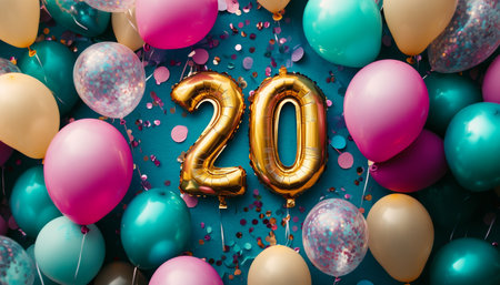 Golden Number 20 Balloons Surrounded By Colorful Balloons And Confetti, Festive Birthday Celebrationの素材