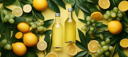 Two Bottles of Refreshing Summer Drinks, Tropical Leaves, and Citrus Fruits on Yellow Backgroundの素材