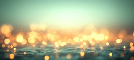 Abstract pastel teal background with golden bokeh lights, creating a serene and celebratory mood.の素材