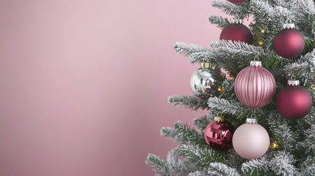 Festive Frosted Christmas Tree Decorated with Maroon and Silver Baubles on Pink Backgroundの素材