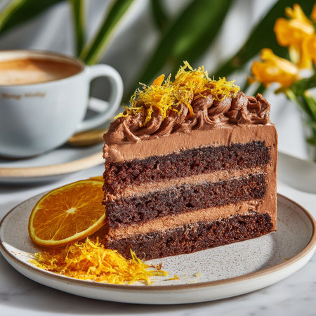 Slice of Delicious Chocolate Orange Cake Decorated with Orange Zest, Served on White Plateの素材