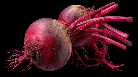 Two Vibrant Red Beets, Isolated on Black, Smooth Skin, Rich Color, Healthy Eating, Root Vegetableの素材
