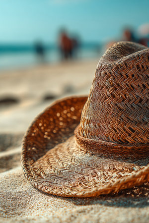 Summer Vacation Symbol Straw Hat Resting on Pristine Sandy Beach, Ocean View in Soft Focusの素材