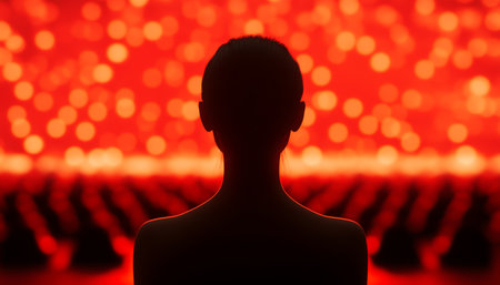 Silhouette of a Woman at Concert, Enjoying Live Music Performance with Defocused Lights, Copy Spaceの素材