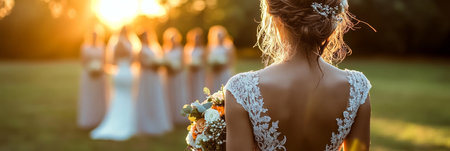 Bride in Lace Gown Holding Bouquet At Sunset Wedding Ceremony With Blurred Bridal Partyの素材