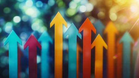 Upward Growth and Progress Multicolored 3D Arrows Pointing Upward Against a Bokeh Lights Backgroundの素材