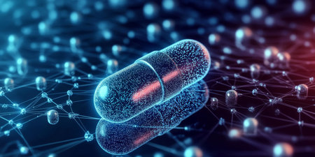 Blue and Pink Pill Resting on Futuristic Network Representation of Biotechnology, AI in Medicineの素材
