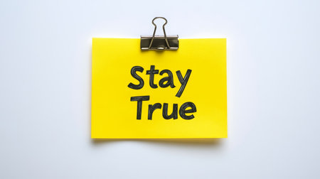 Stay True Reminder. Isolated Yellow Sticky Note With Clip On White Background, Motivation Conceptの素材