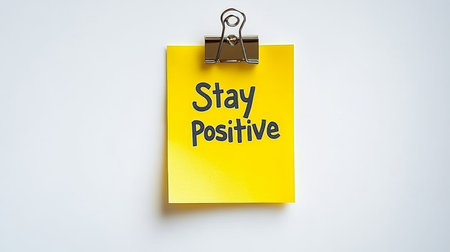 Yellow Sticky Note With Stay Positive Message, Isolated On White Background With Copy Space.の素材