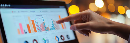 Young Professional Analyzing Colorful Investment Charts on a Tablet in a Modern Officeの素材