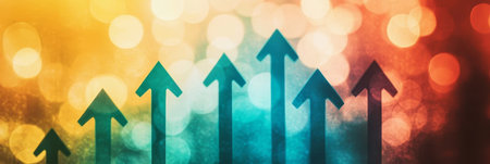 Against A Bokeh Background And Colorful Illumination, Vibrant Upward Arrows Symbolize Developmentの素材