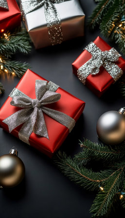 Christmas Gifts, Pine Branches, and Silver Holiday Decorations Composition on a Black Background.の素材