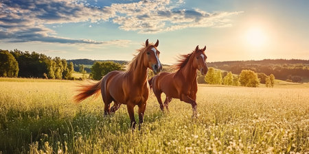 Two Majestic Horses Galloping Through a Golden Field at Sunset, Freedom and Beauty in Natureの素材