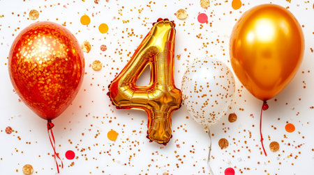 Golden Number 4 Balloon with Orange and White Balloons for a Fourth Birthday Celebrationの素材