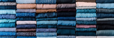 Stacks Of Folded Blue, Teal, And Grey Textiles Displaying A Range Of Hues And Textures.の素材