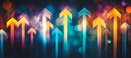 Upward Glowing Neon Arrows on a Dark Background, Concept of Progress, Growth, and Achievementの素材