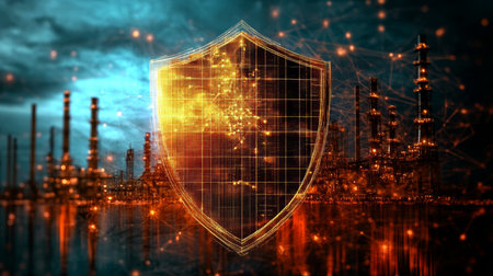 Cybersecurity Shield Protects Industrial Complex, Critical Infrastructure Security Conceptの素材