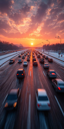 Highway Traffic, Cars Motion Blur at Sunset, Cars on Road, Driving, Commute, Evening Rushhourの素材
