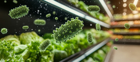 Unseen Hygiene Risks Green Bacteria on Fresh Produce, Highlighting Food Contamination Issuesの素材