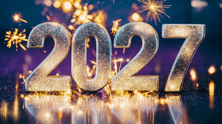 Sparkling New Year Celebration 2027 Numbers in Glittering Silver Against a Festive Purple Backdropの素材
